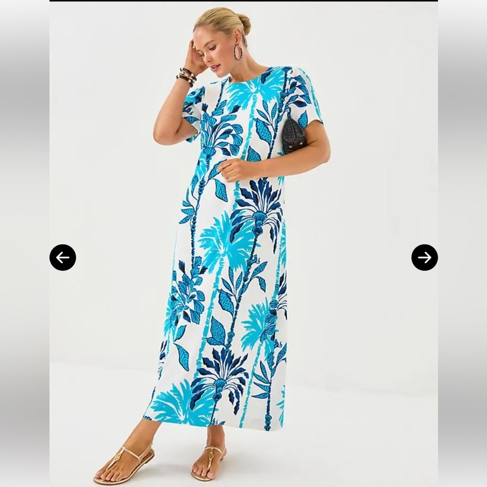Lilly Pulitzer White Maxi Dress with Turquoise & Navy Tropical Print